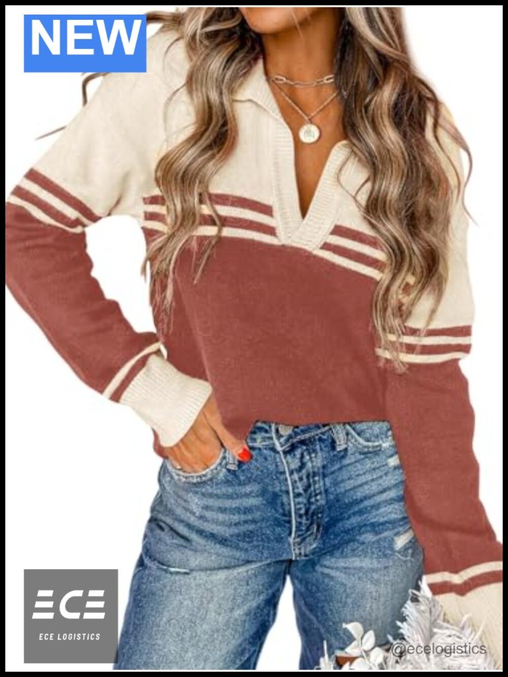 Womens Long Sleeve V Neck Pullover Sweater Striped Knitted Jumper Top